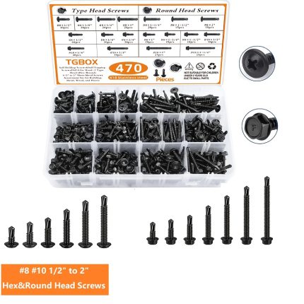 470pcs Tgbox Self Drilling Screws | 410 Stainless Steel Self Tapping Screws #8#10 For Metal-2 Type Head (Hexu002FRound) 1u002F2